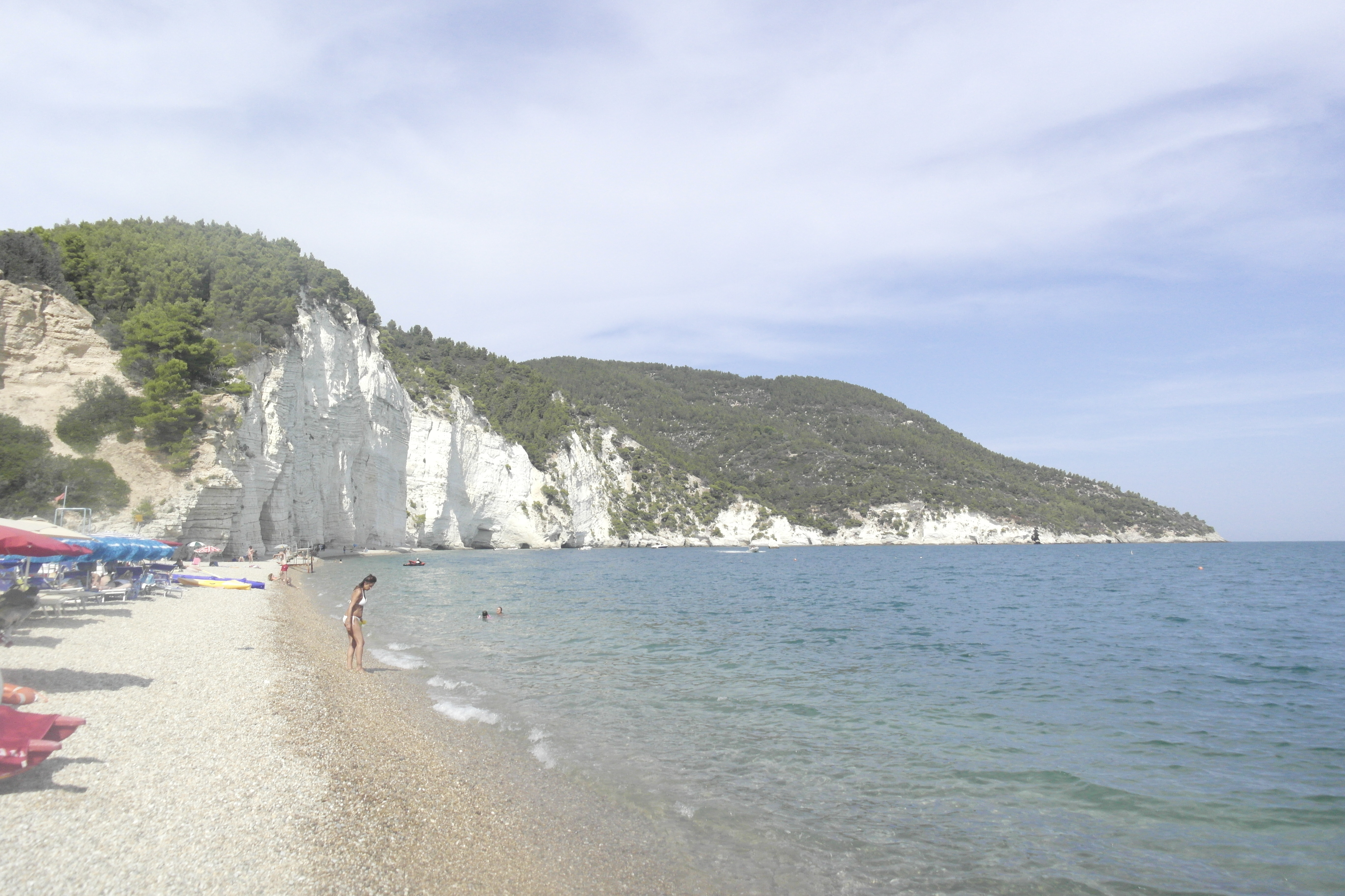 plage avec falaise blanche couverte de pins dans le fond, parasols et une personne entre dans l'eau