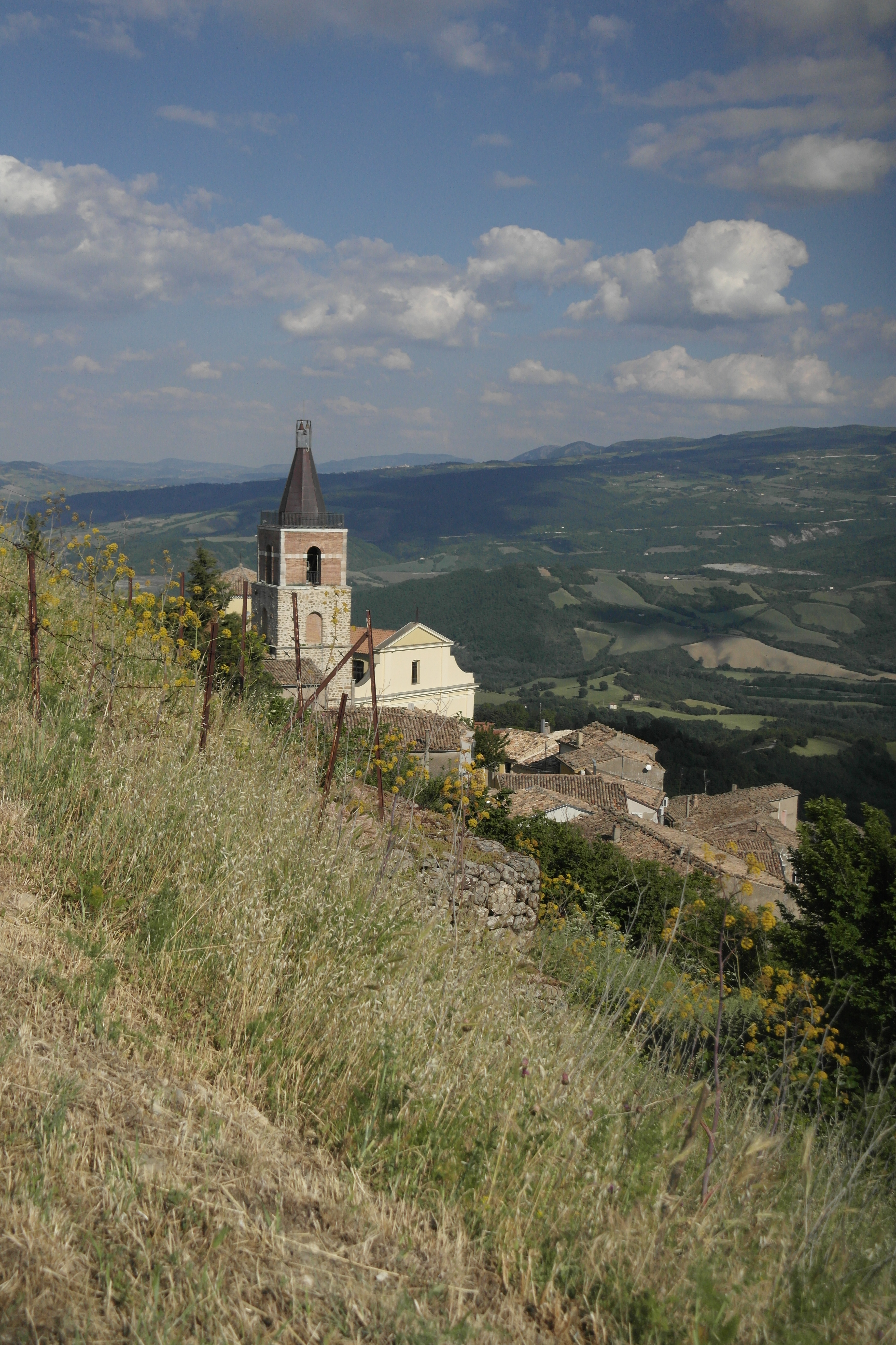 église et village en contrebas, champ au premier plan et montagnes derrière